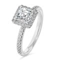 5.00 carat solitaire halo ring with a lab grown asscher cut diamond in white gold and round lab grown diamonds