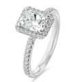 5.00 carat solitaire halo ring with a radiant cut diamond in white gold and round diamonds