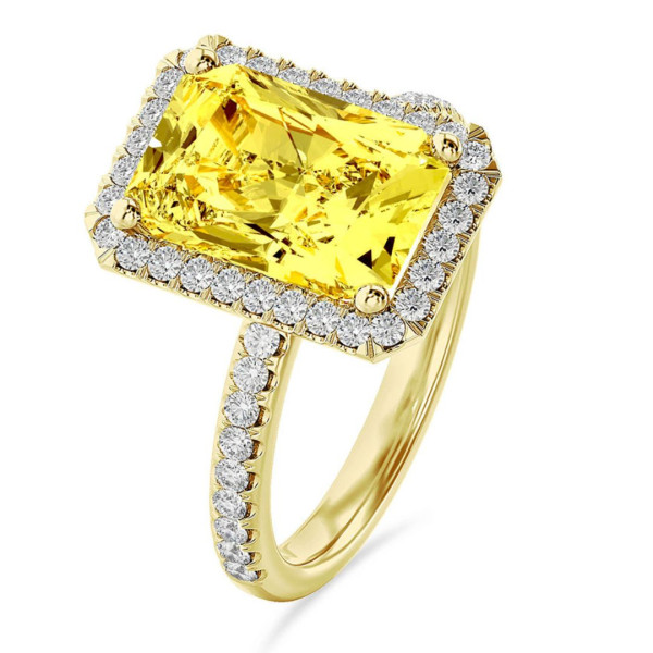 3.00 carat solitaire halo ring with a yellow lab grown radiant cut diamond in yellow gold