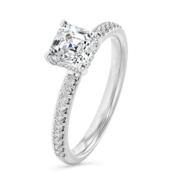 Engagement rings - 2.00 carat solitaire ring with a asscher cut diamond and hidden halo in white gold