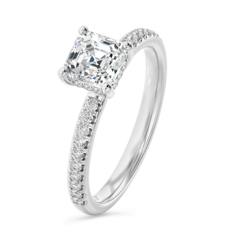 2.50 carat solitaire ring with a asscher cut diamond and hidden halo in white gold