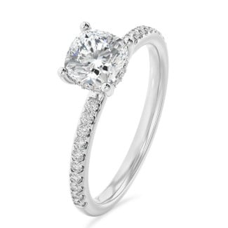 1.00 carat solitaire ring with a lab grown cushion diamond and hidden halo in white gold