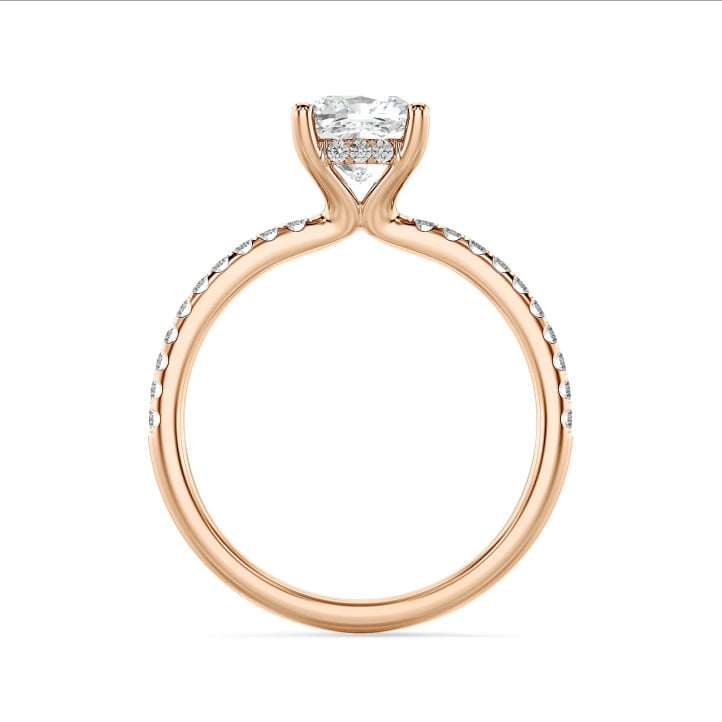 1.00 carat solitaire ring with a cushion diamond and hidden halo in red gold