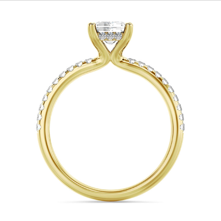 2.00 carat solitaire ring with a lab grown emerald cut diamond and hidden halo in yellow gold
