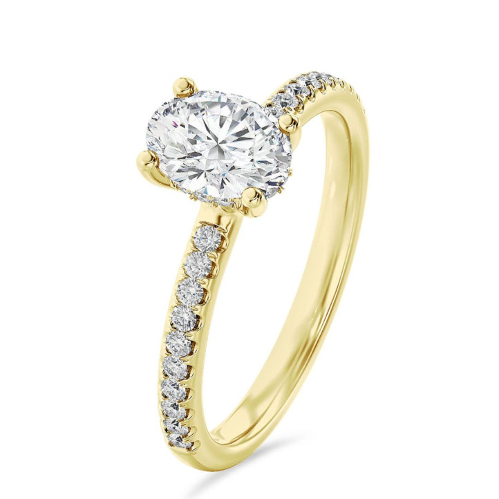 1.50 carat solitaire ring with lab grown oval diamond and hidden halo in yellow gold