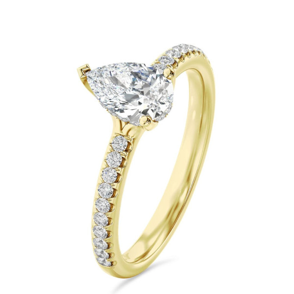 New arrivals - 1.50 carat solitaire ring with lab grown pear diamond and hidden halo in yellow gold