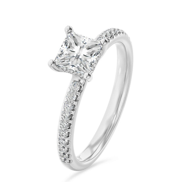 New arrivals - 1.50 carat solitaire ring with a lab grown princess diamond and hidden halo in white gold