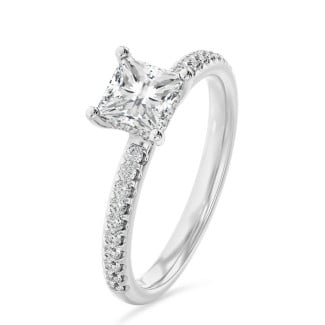 1.50 carat solitaire ring with a lab grown princess diamond and hidden halo in white gold