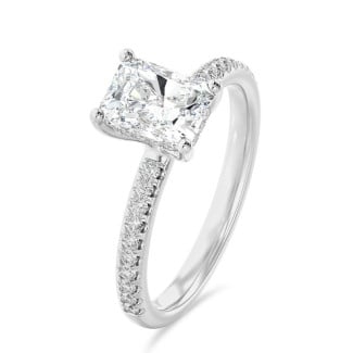 1.50 carat solitaire ring with a lab grown radiant cut diamond and hidden halo in white gold