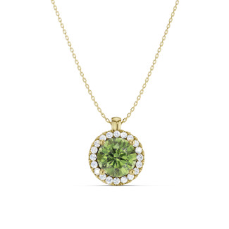 1.00 carat Fancy Vivid Green diamond halo necklace in yellow gold
