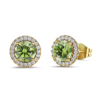 2.00 carat Fancy Vivid Green diamond halo earrings in yellow gold