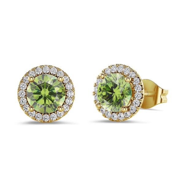 Earrings - 2.00 carat Fancy Vivid Green diamond halo earrings in yellow gold