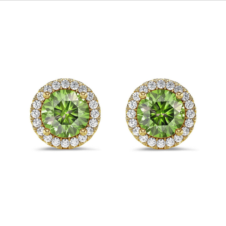 2.00 carat Fancy Vivid Green diamond halo earrings in yellow gold