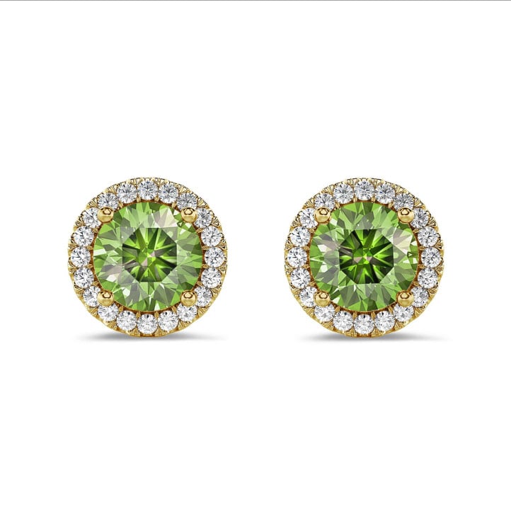 2.00 carat Fancy Vivid Green lab grown diamond halo earrings in yellow gold