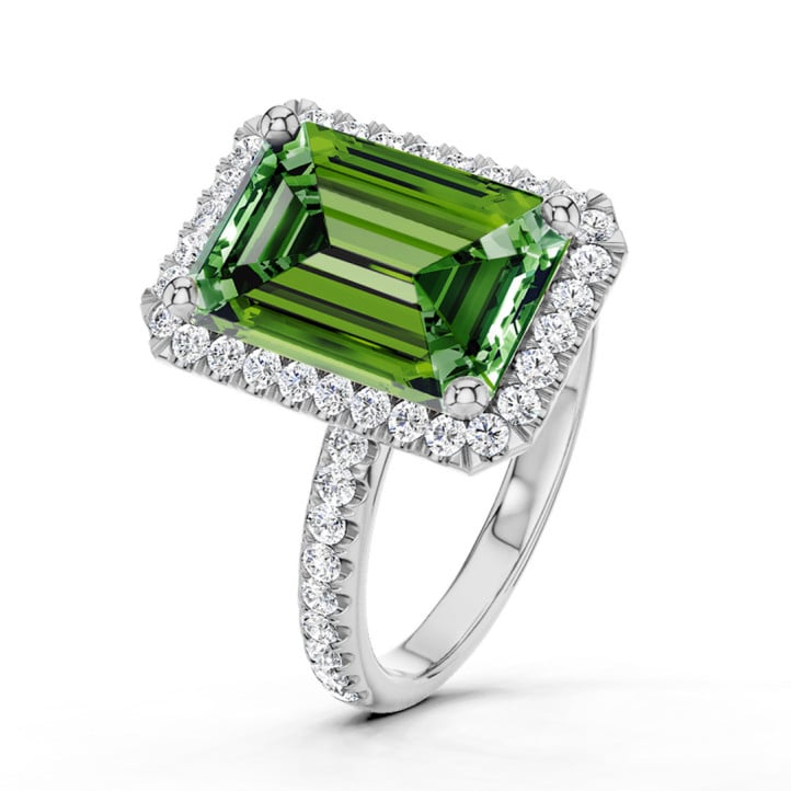 2.00 carat solitaire halo ring with a Fancy Vivid Green emerald cut diamond in white gold with side diamonds