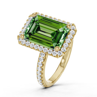 2.00 carat solitaire halo ring with a Fancy Vivid Green lab grown emerald cut diamond in yellow gold with side diamonds