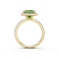 2.00 carat solitaire halo ring with a Fancy Vivid Green emerald cut diamond in yellow gold with side diamonds