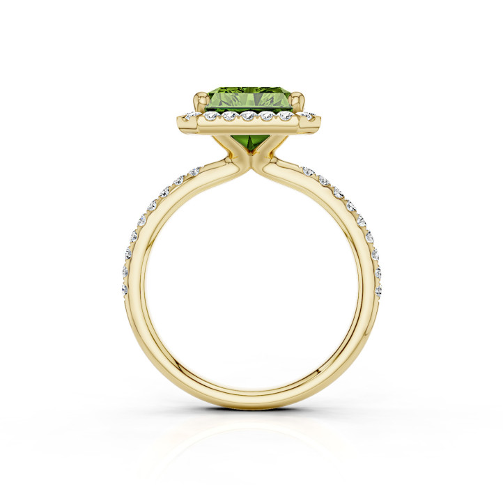 2.00 carat solitaire halo ring with a Fancy Vivid Green lab grown emerald cut diamond in yellow gold with side diamonds