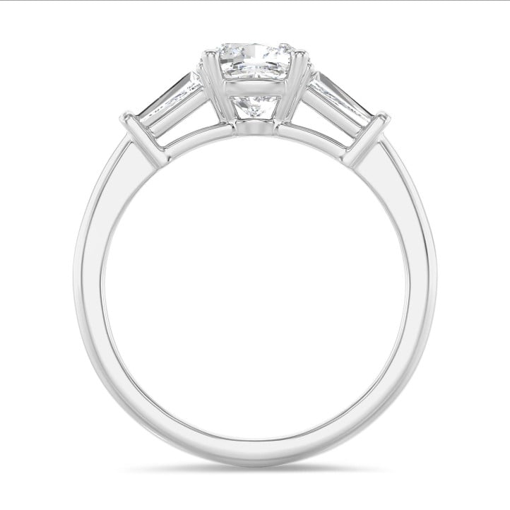 2.00 carat trilogy ring in white gold with a lab grown cushion diamond and lab grown tapered baguettes