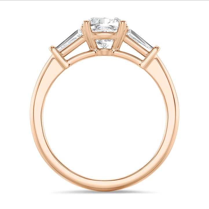2.00 carat trilogy ring in red gold with a lab grown cushion diamond and lab grown tapered baguettes