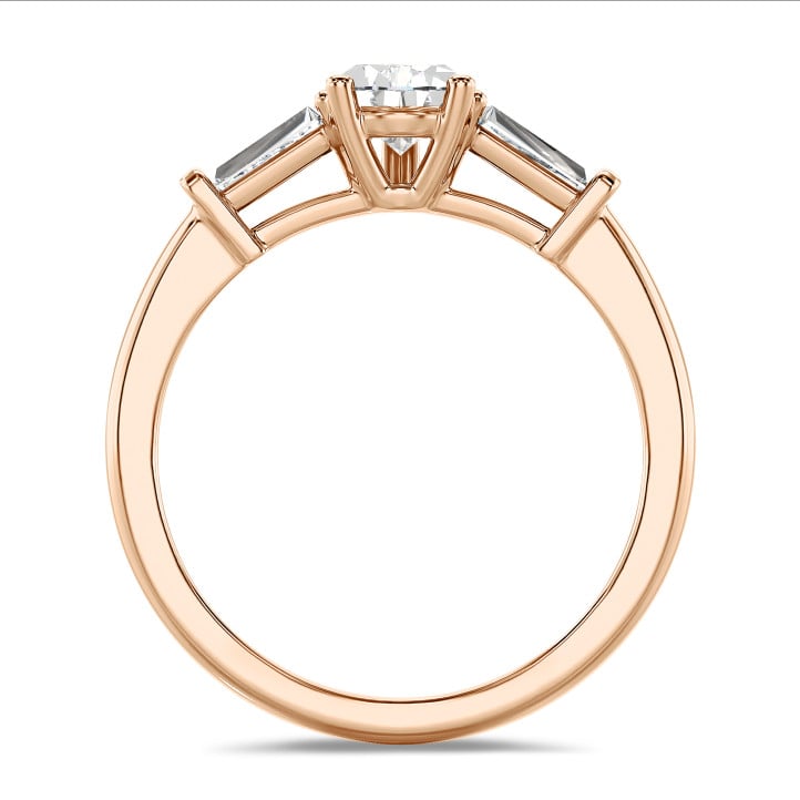 2.00 carat trilogy ring in red gold with lab grown pear diamond and lab grown tapered baguettes
