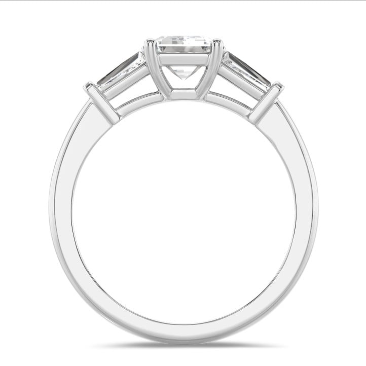 2.00 carat trilogy ring in white gold with a lab grown emerald cut diamond and lab gown tapered baguettes