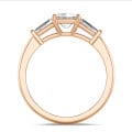 2.00 carat trilogy ring in red gold with a lab grown emerald cut diamond and lab gown tapered baguettes