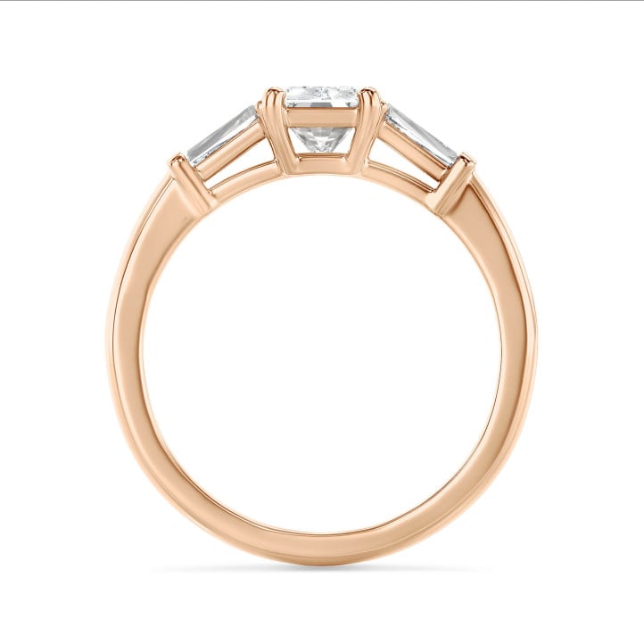 2.00 carat trilogy ring in red gold with a lab grown radiant cut diamond and lab gown tapered baguettes