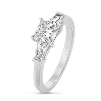 3.00 carat trilogy ring in white gold with a lab grown princess diamond and lab grown tapered baguettes