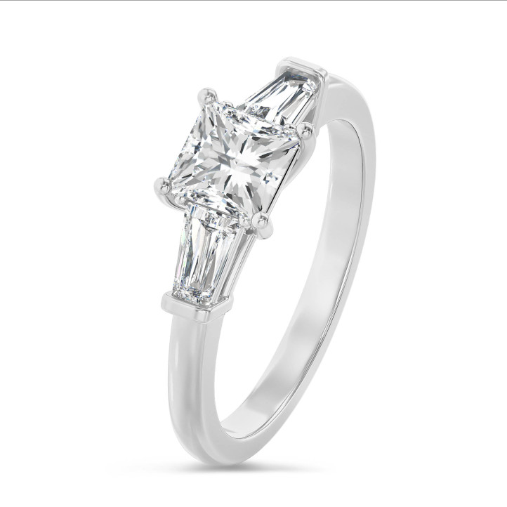 3.00 carat trilogy ring in white gold with a lab grown princess diamond and lab grown tapered baguettes
