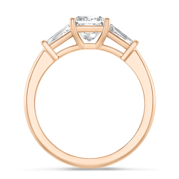 Rings - 3.00 carat trilogy ring in red gold with a lab grown princess diamond and lab grown tapered baguettes