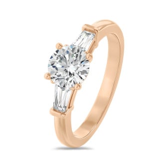 3.00 carat trilogy ring in red gold with round lab grown diamond and lab grown tapered baguettes