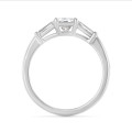 3.00 carat trilogy ring in white gold with a lab grown radiant cut diamond and lab gown tapered baguettes
