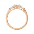 3.00 carat trilogy ring in red gold with a lab grown radiant cut diamond and lab gown tapered baguettes