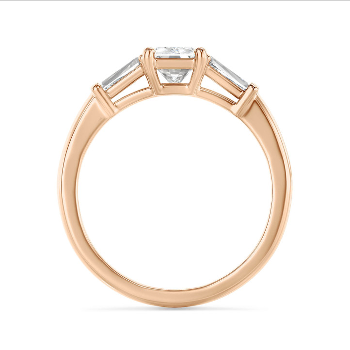 3.00 carat trilogy ring in red gold with a lab grown radiant cut diamond and lab gown tapered baguettes