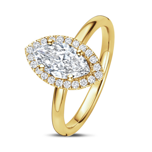 2.00 carat solitaire halo ring with lab grown marquise diamond in yellow gold with round lab grown diamonds