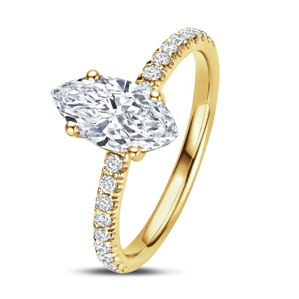 Engagement rings - 3.00 carat solitaire ring with lab grown marquise diamond and hidden halo in yellow gold