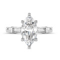 2.00 carat trilogy ring in white gold with lab grown marquise diamond and lab grown tapered baguettes