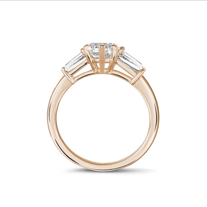 2.00 carat trilogy ring in red gold with lab grown marquise diamond and lab grown tapered baguettes