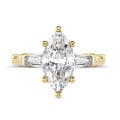 2.00 carat trilogy ring in yellow gold with lab grown marquise diamond and lab grown tapered baguettes