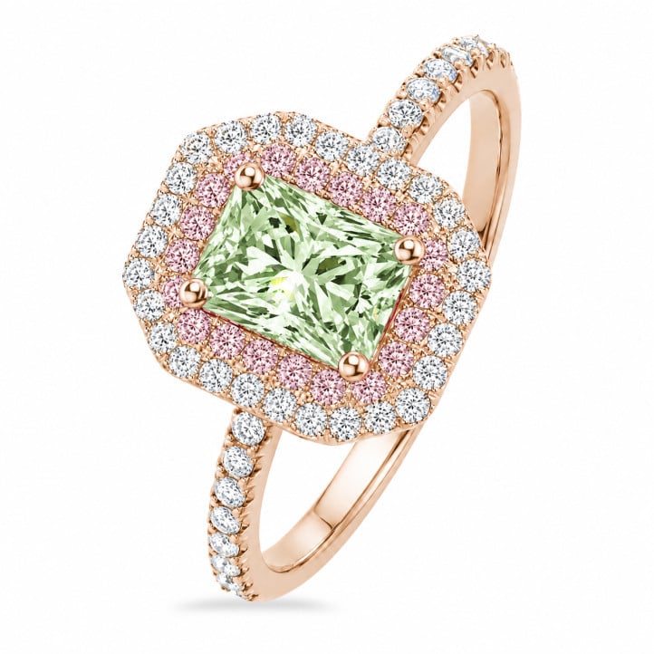 1.20 carat double halo ring with a lab grown Fancy-Vivid Green radiant cut diamond in red gold