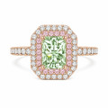 1.20 carat double halo ring with a lab grown Fancy-Vivid Green radiant cut diamond in red gold
