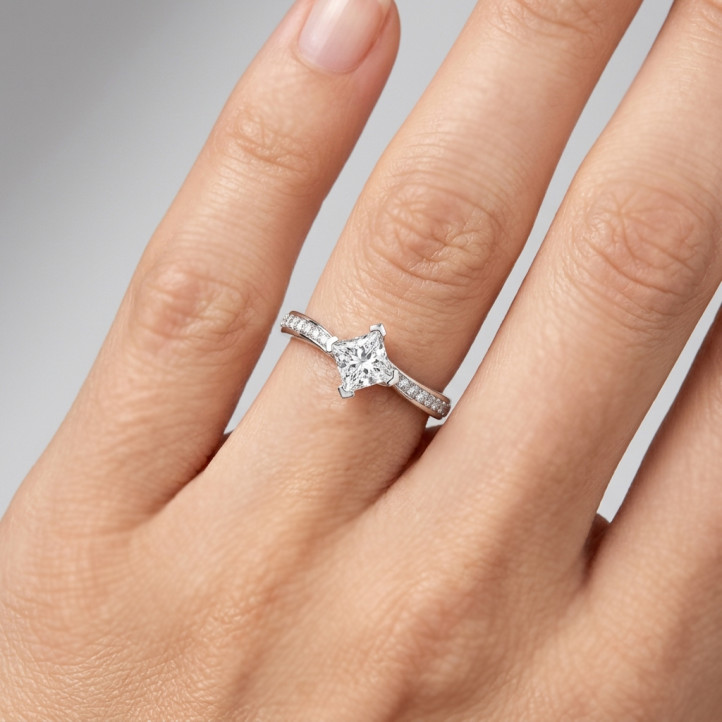 2.50 carat solitaire ring in white gold with lab grown princess diamond and lab grown side diamonds