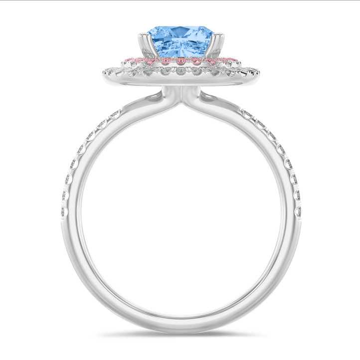 1.50 quilates anillo solitario halo doble (rosa-blanco) con un diamante cojín azul en oro blanco y diamantes laterales