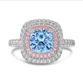 1.50 quilates anillo solitario halo doble (rosa-blanco) con un diamante cojín azul en oro blanco y diamantes laterales
