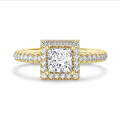 1.50 quilates halo anillo solitario diamante princesa cultivado en laboratorio en oro amarillo con diamantes redondos cultivados en laboratorio