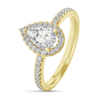 3.00 quilates halo anillo solitario en oro amarillo con diamante pera cultivado en laboratorio con diamantes redondos cultivados en laboratorio