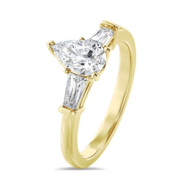 Search all PLP - 1.00 quilates anillo trilogía en oro amarillo con diamante pera cultivado en laboratorio y baguettes cónicos cultivados en laboratorio