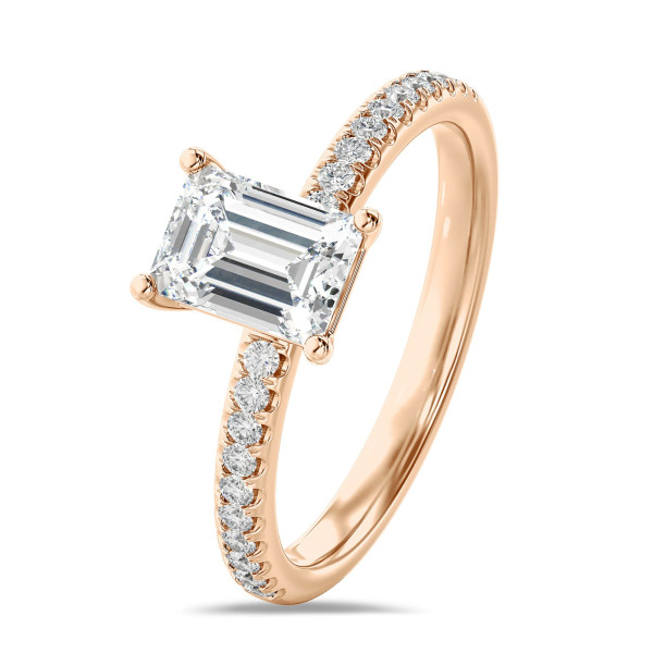 Anillos de compromiso - 1.50 quilates anillo solitario diamante talla esmeralda cultivado en laboratorio en oro rojo con diamantes en los lados cultivados en laboratorio