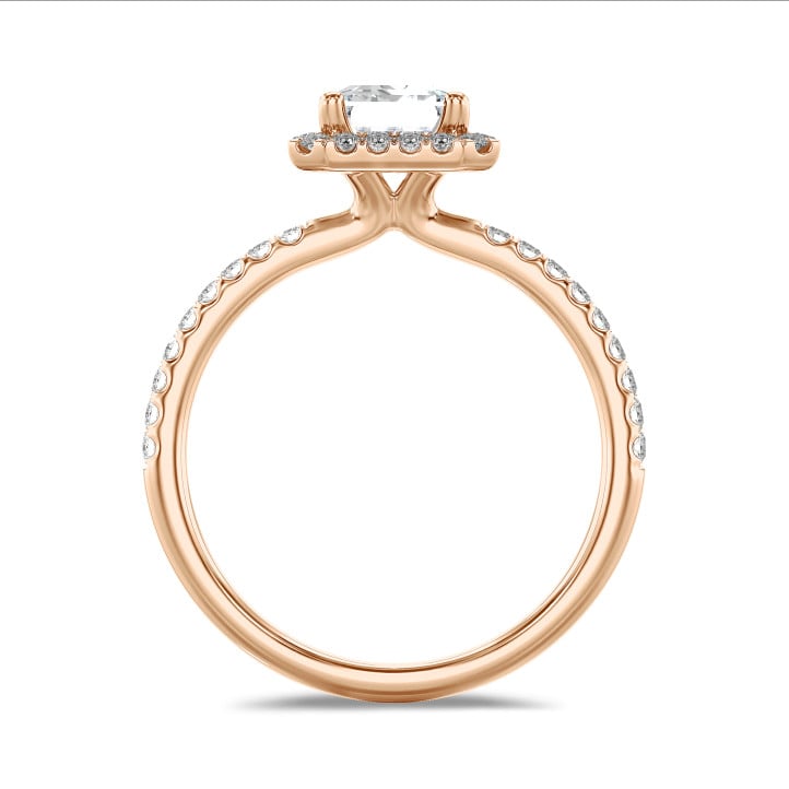 2.50 quilates halo anillo solitario diamante talla esmeralda en oro rojo con diamantes redondos